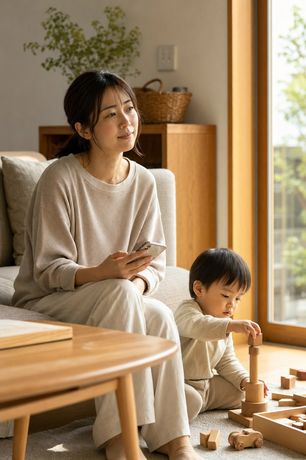 子どもを抱えながらスマホで子連れで通えるジムを探すママの様子