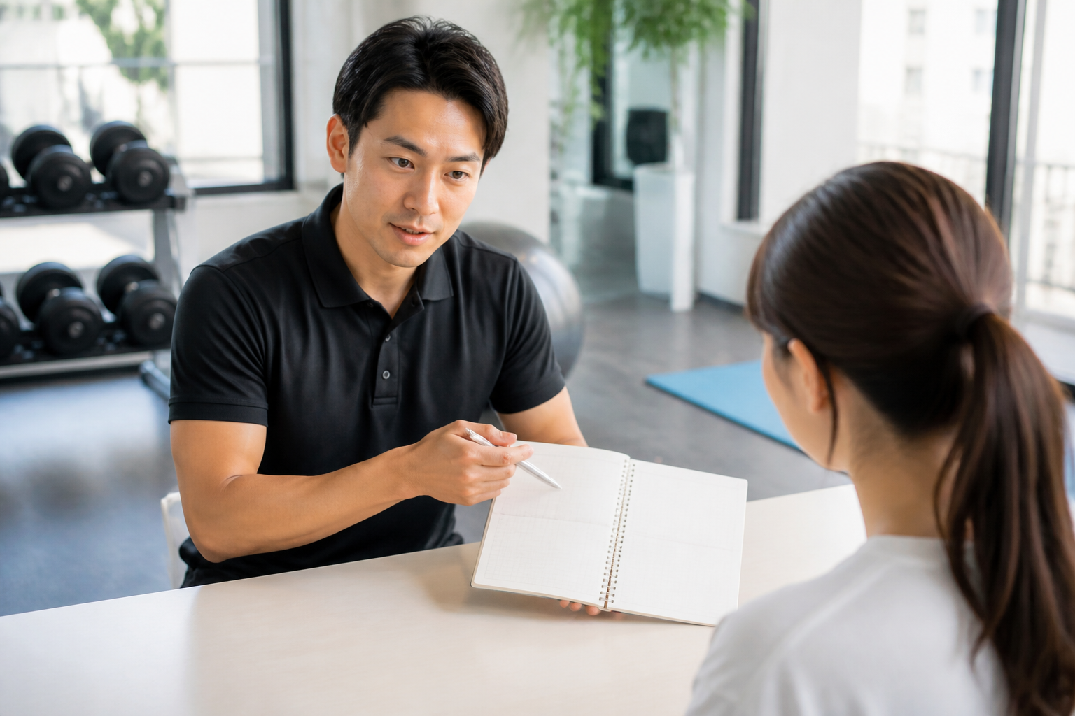 碧南Pisteのトレーナーがパーソナルトレーニングの期間ごとの目安を説明する様子