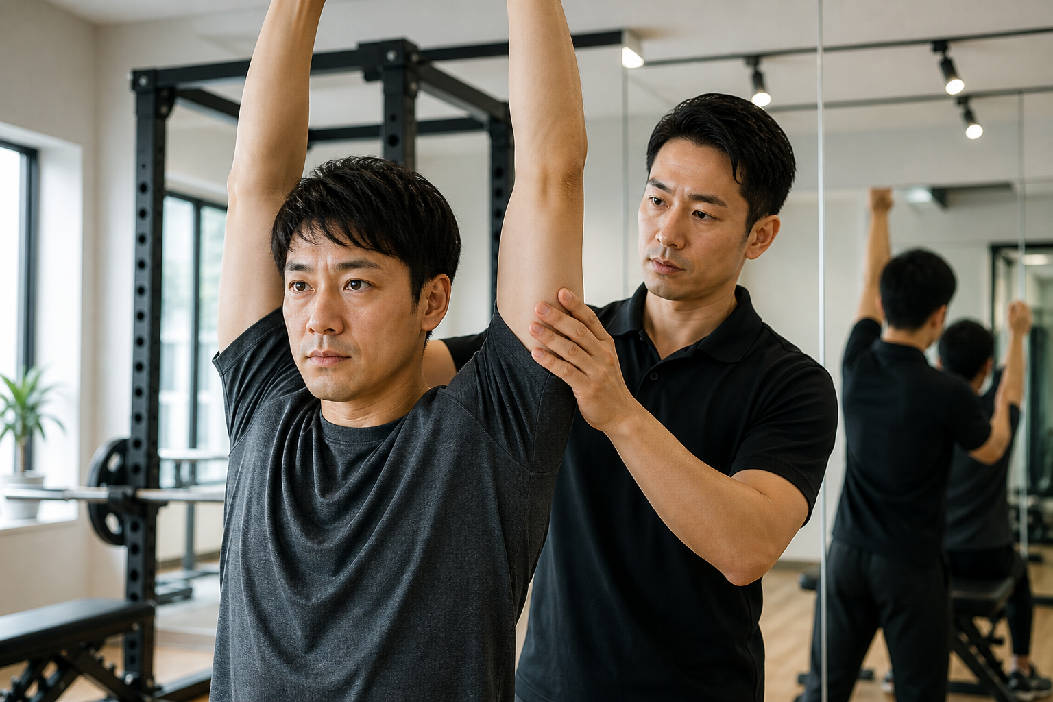 碧南Pisteのカウンセリングで肩甲骨と胸まわりの可動域をチェックする様子