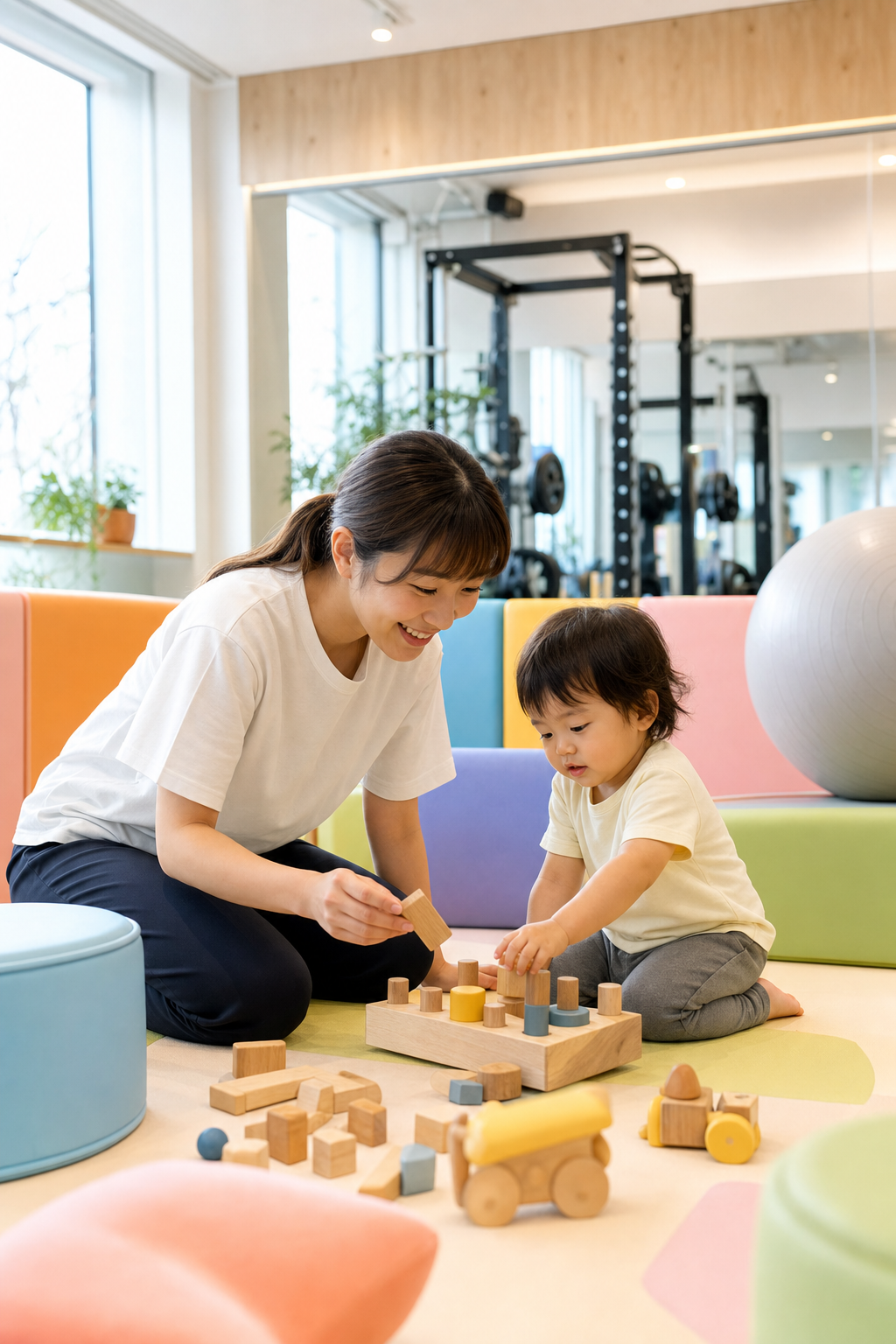 碧南Pisteの保育士常駐キッズスペースで保育士と遊ぶ子どもの様子
