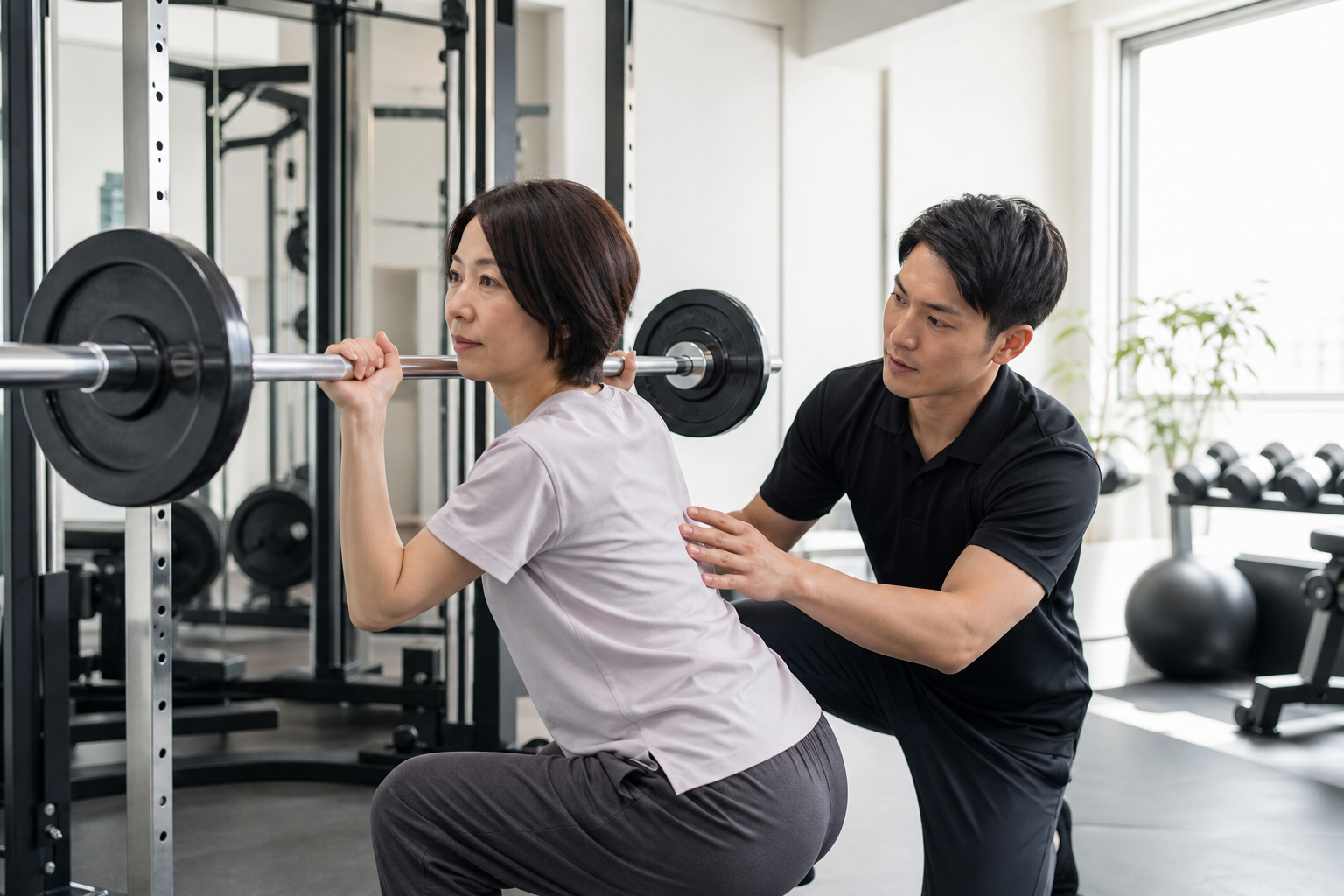 碧南Pisteでトレーナーの指導を受けながら正しいフォームを覚える女性の様子