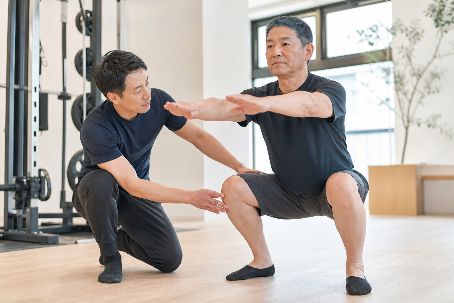 碧南のジムPisteでトレーナーにフォームを確認してもらいながらスクワットをする50代男性