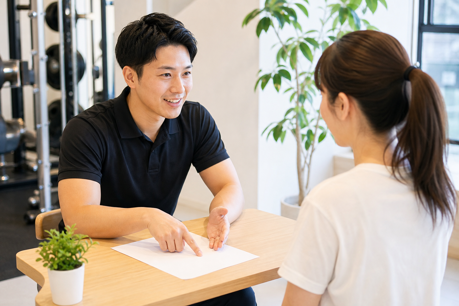 碧南市のパーソナルジムでトレーナーがメニューを説明している様子
