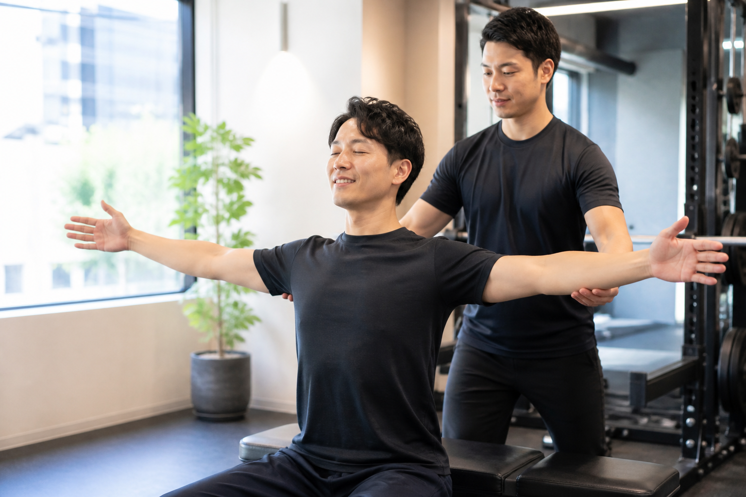 碧南Pisteで胸まわりのパーソナルストレッチを受けて可動域が広がった男性