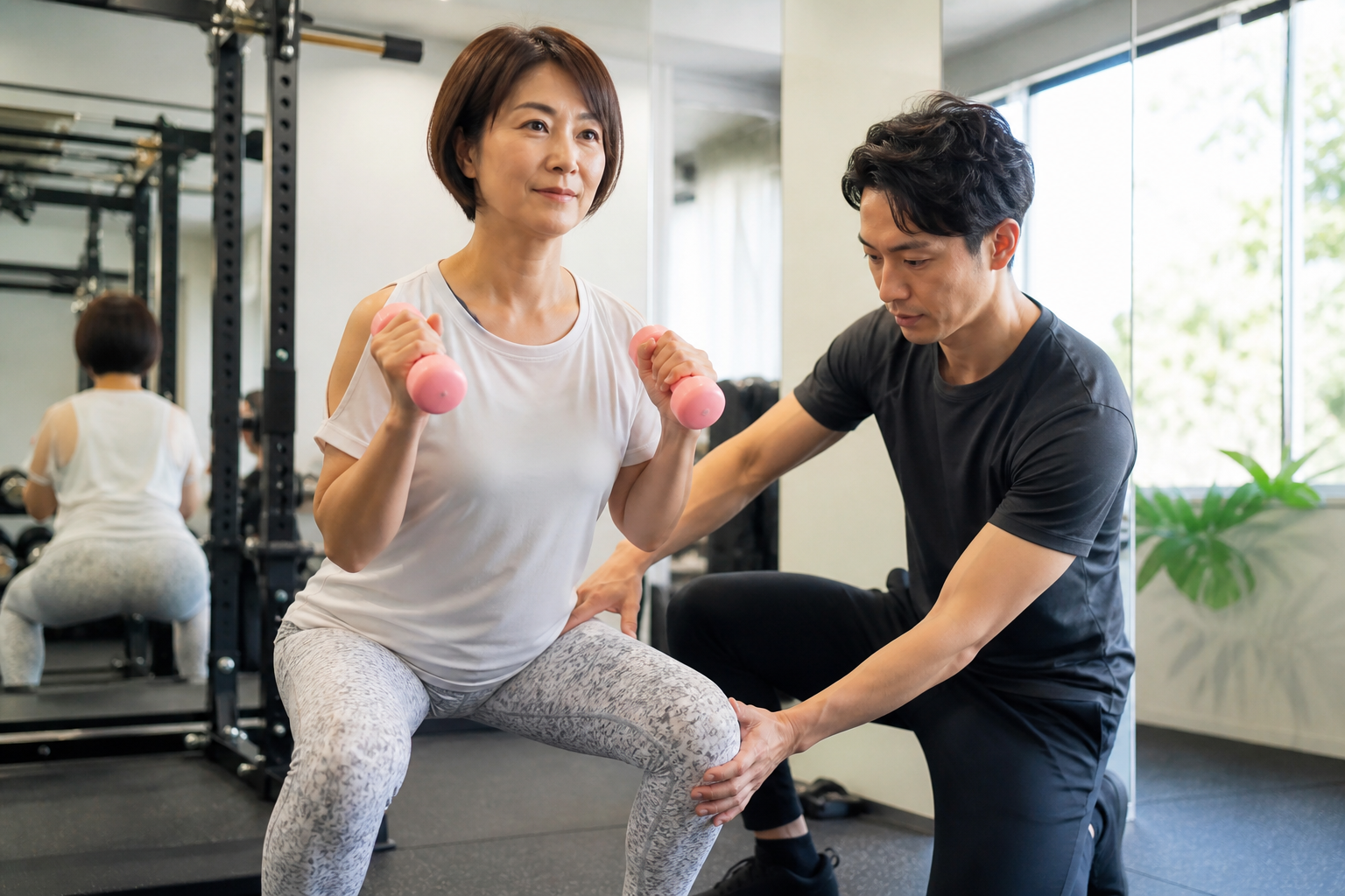 碧南Pisteでトレーナーにフォームをチェックされながらトレーニングをする40代女性