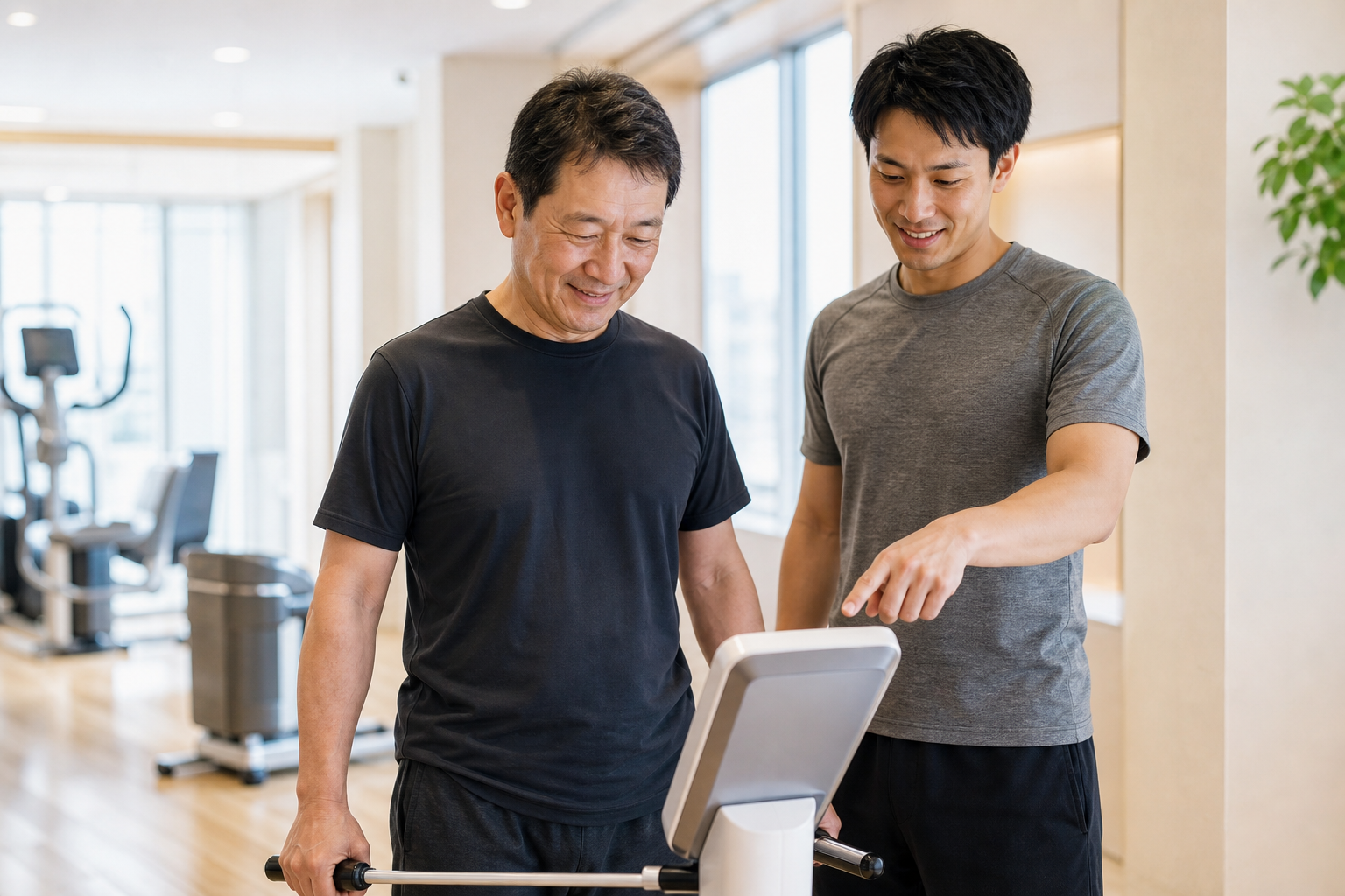 碧南Pisteで体組成データを見ながらトレーナーと変化を確認する50代男性