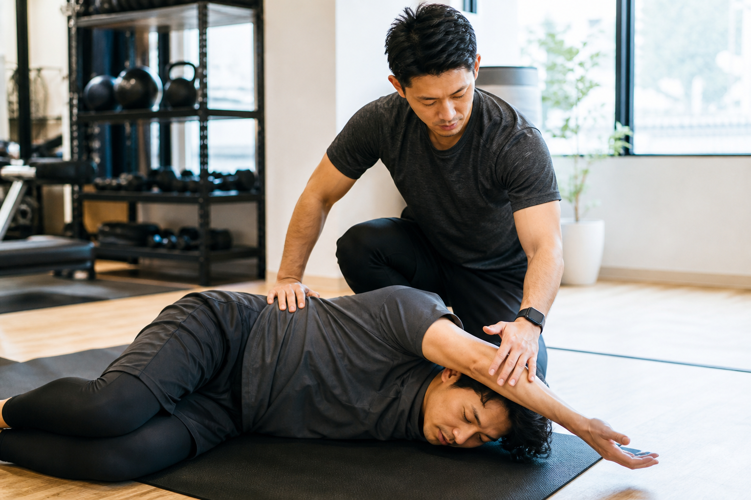 トレーナーが動かない部位を特定しながら個別にストレッチを行う様子