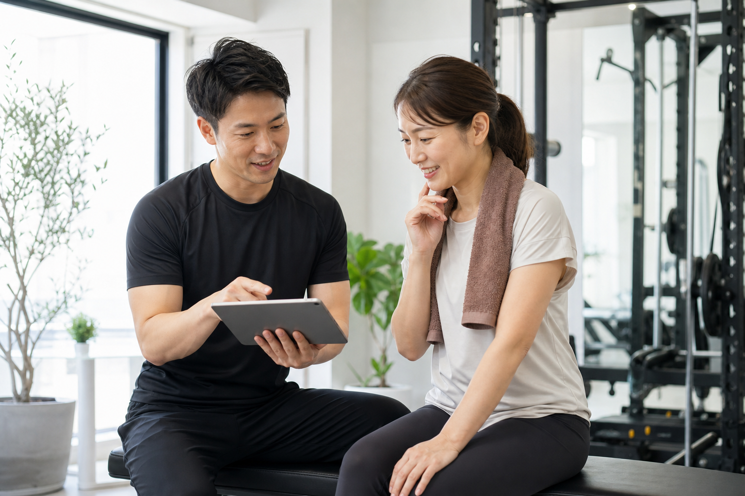 碧南Pisteでその日の体調に合わせてメニューを相談するトレーナーと女性
