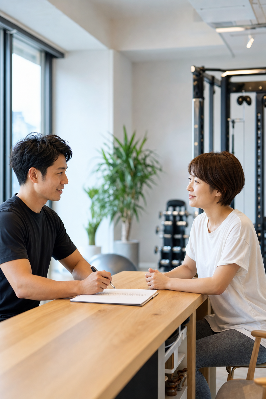 トレーナーが子育て中のお客様と体調や予定について相談している様子