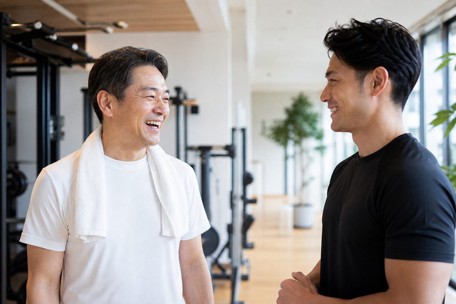 碧南のジムPisteでトレーニングを終えて笑顔で話す50代男性とトレーナー
