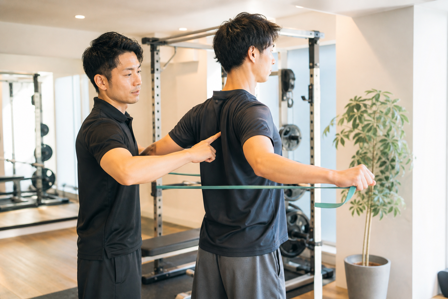 碧南Pisteで肩甲骨まわりを動かすトレーニングに取り組む男性とトレーナー