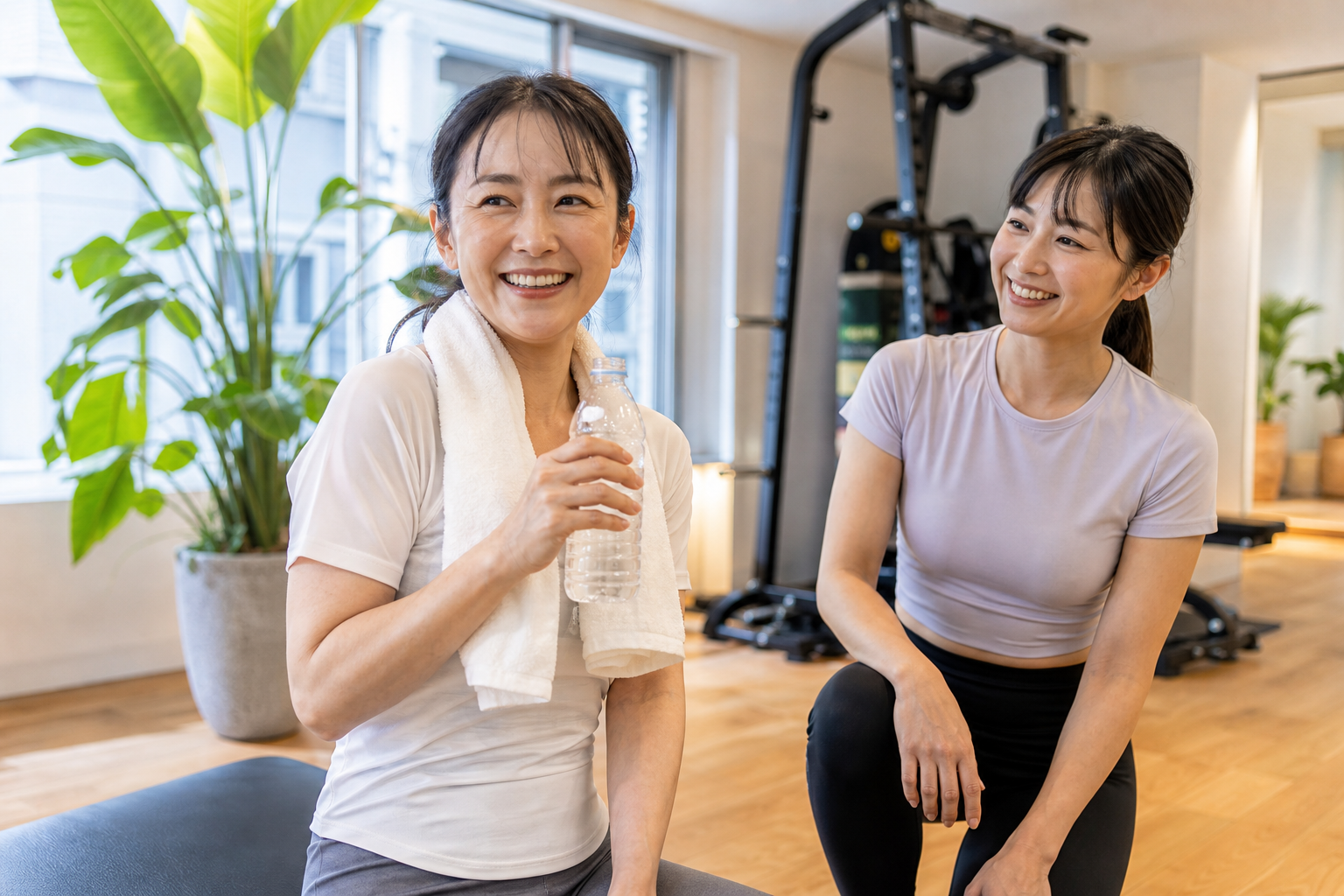 碧南のジムPisteで笑顔でトレーニングを終えた40代女性とトレーナー