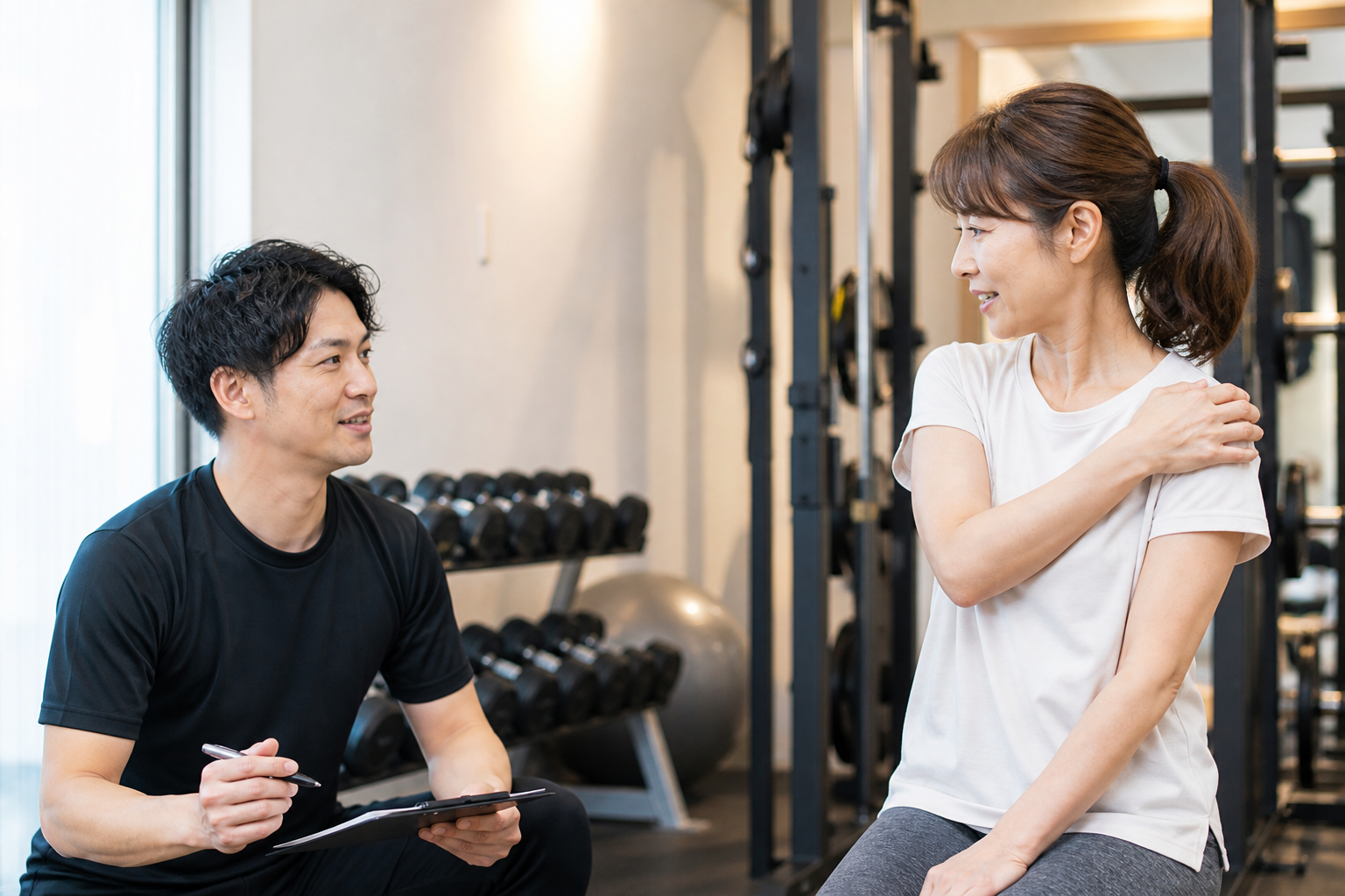 碧南Pisteでトレーナーが筋肉痛の状態を確認しながら指導する様子