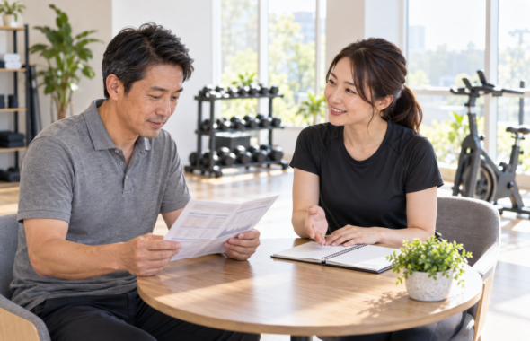 碧南市のジムPisteで健康診断の結果を見ながらトレーナーと運動計画を相談する40代の男性