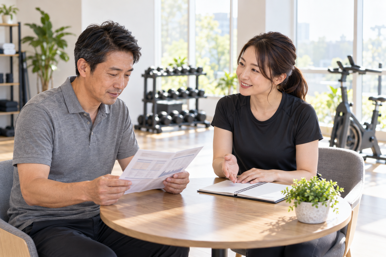 碧南市のジムPisteで健康診断の結果を見ながらトレーナーと運動計画を相談する40代の男性