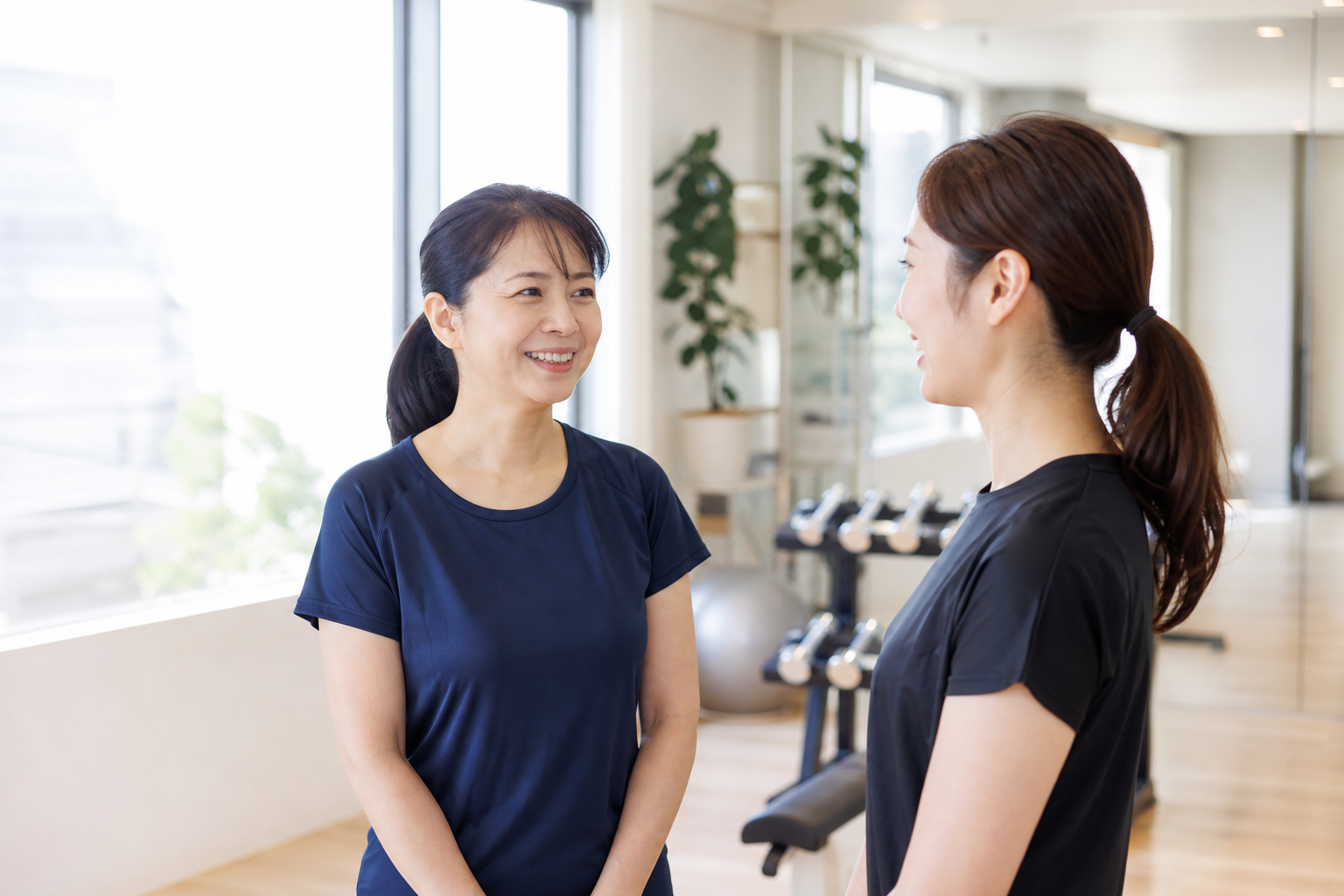 碧南市のジムPisteでトレーナーと笑顔で話す40代の看護師の女性