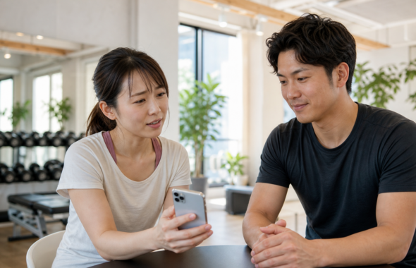 碧南のパーソナルトレーニングで自己流の筋トレとの違いをトレーナーに相談する30代女性