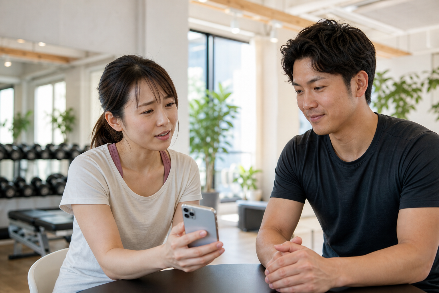 碧南のパーソナルトレーニングで自己流の筋トレとの違いをトレーナーに相談する30代女性