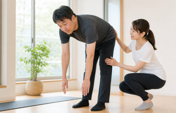 碧南のストレッチ専門トレーナーが体の硬い40代男性の前屈を確認する様子