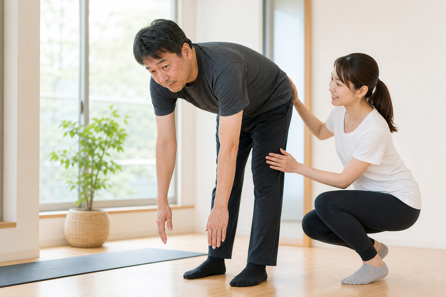 碧南のストレッチ専門トレーナーが体の硬い40代男性の前屈を確認する様子