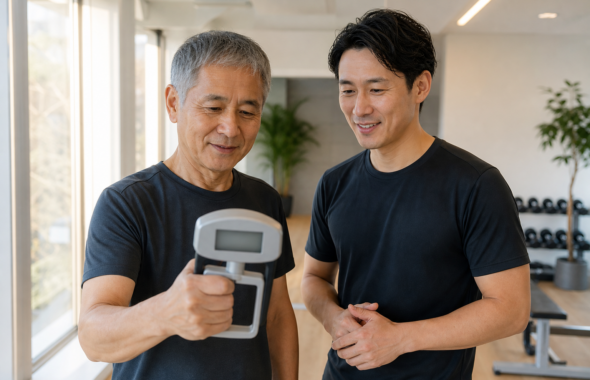 碧南のジムPisteでトレーナーと握力測定の結果を確認する60代男性