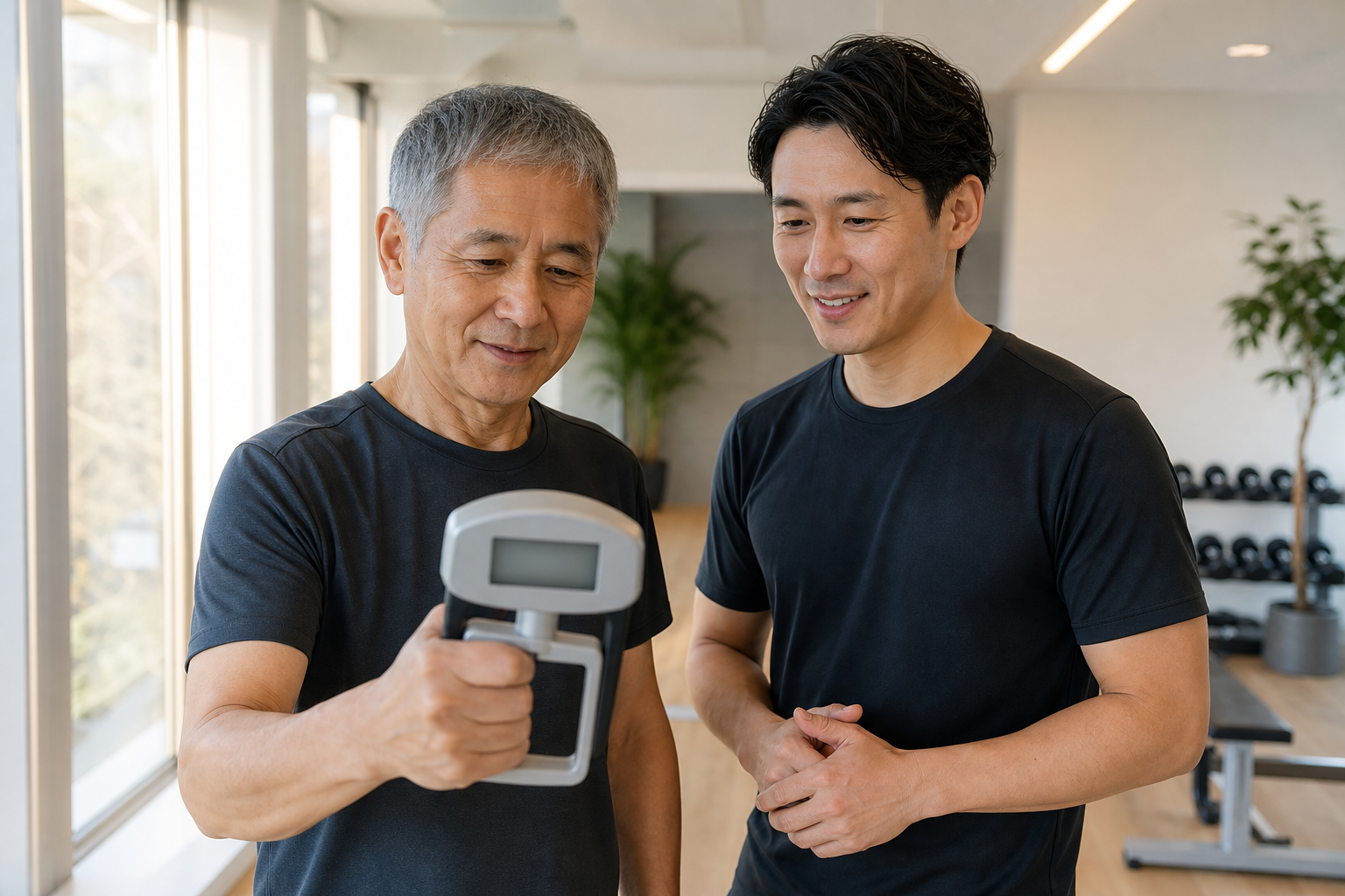 碧南のジムPisteでトレーナーと握力測定の結果を確認する60代男性