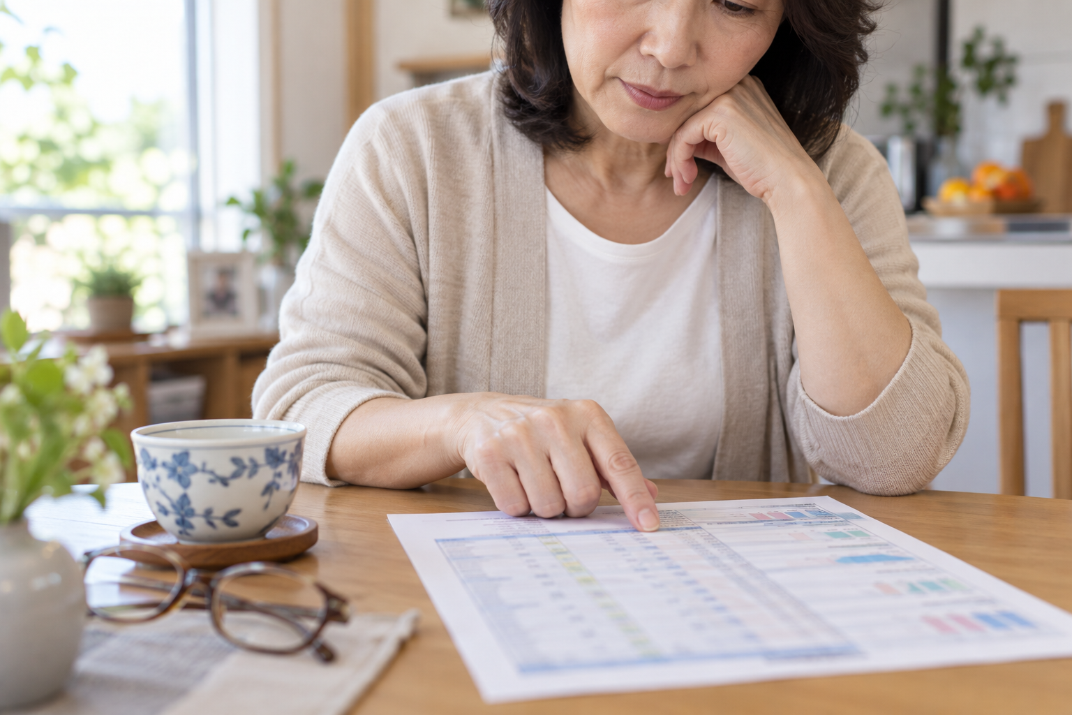 健康診断の結果用紙の脂質の欄を指でなぞりながら確認する50代の女性