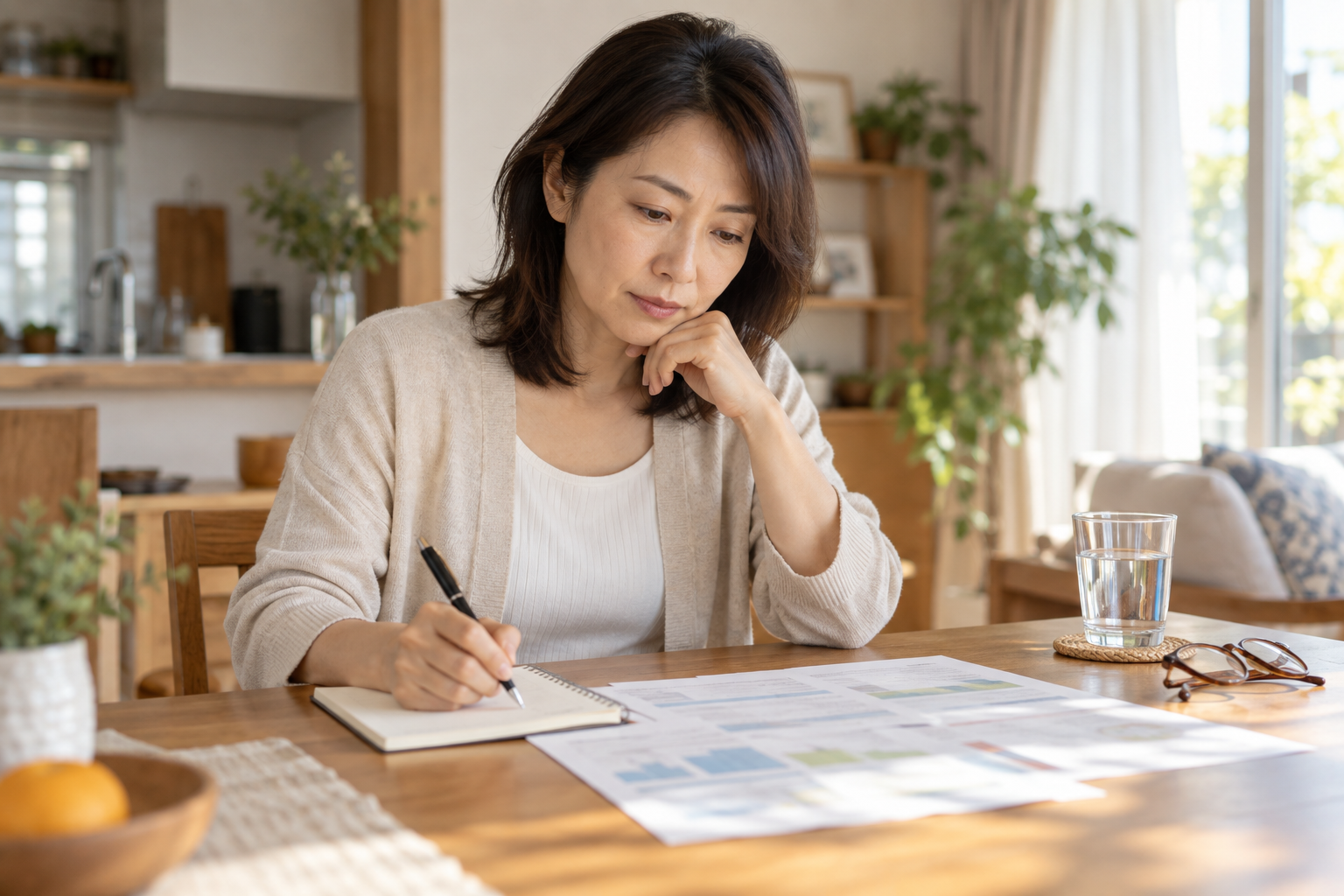 健康診断の結果用紙の血糖の欄を確認しながらメモを取る40代の女性
