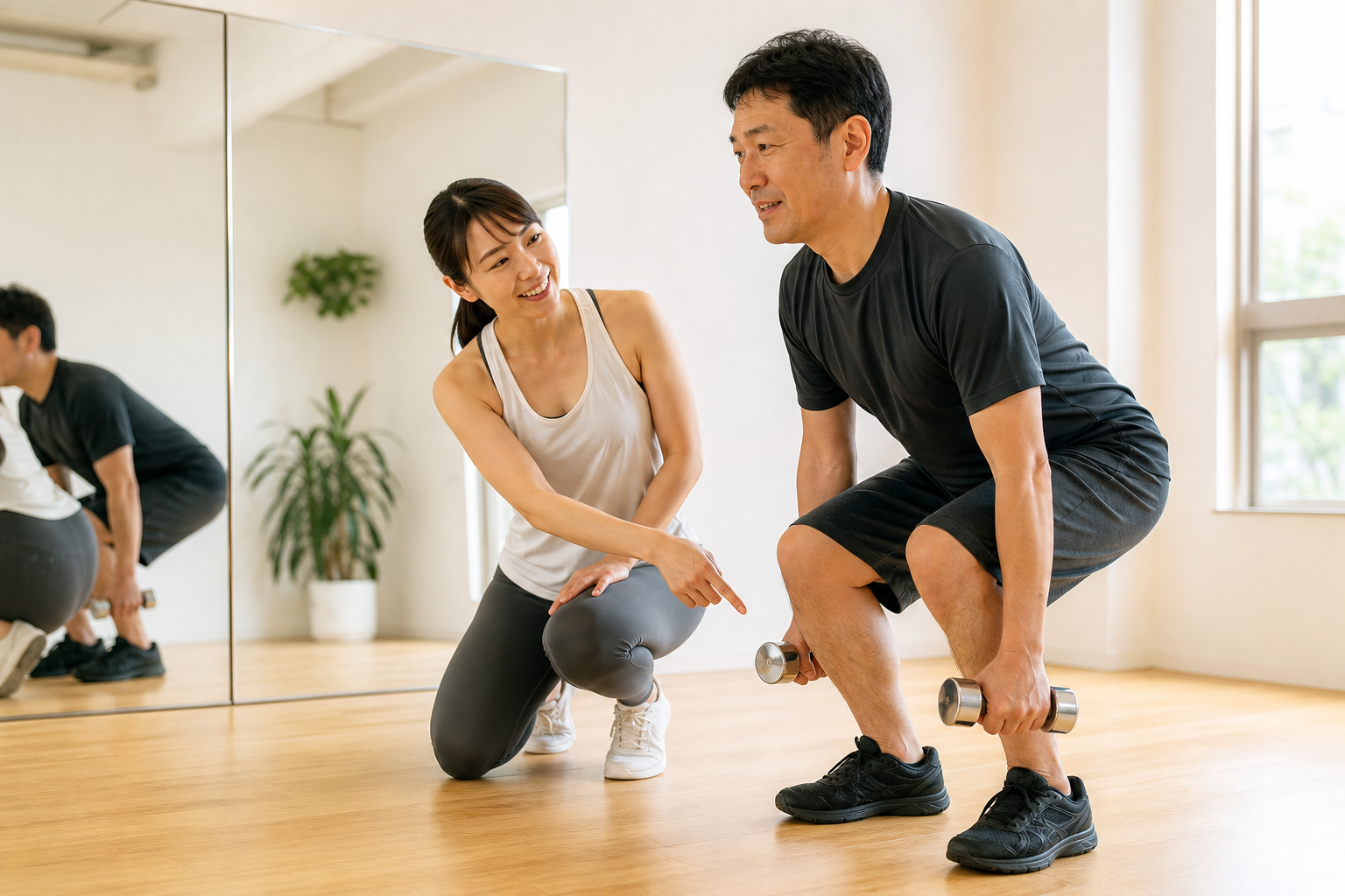碧南のパーソナルトレーニングでトレーナーが自己流の筋トレの問題点を説明する様子