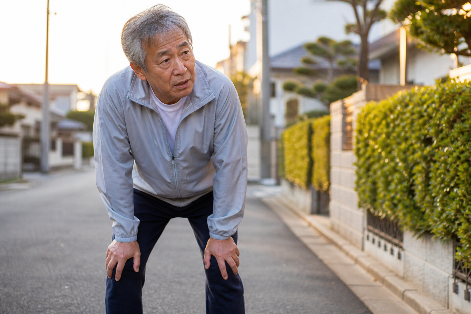 早朝の住宅街をウォーキングしながら膝に手をつき息を整える60代男性