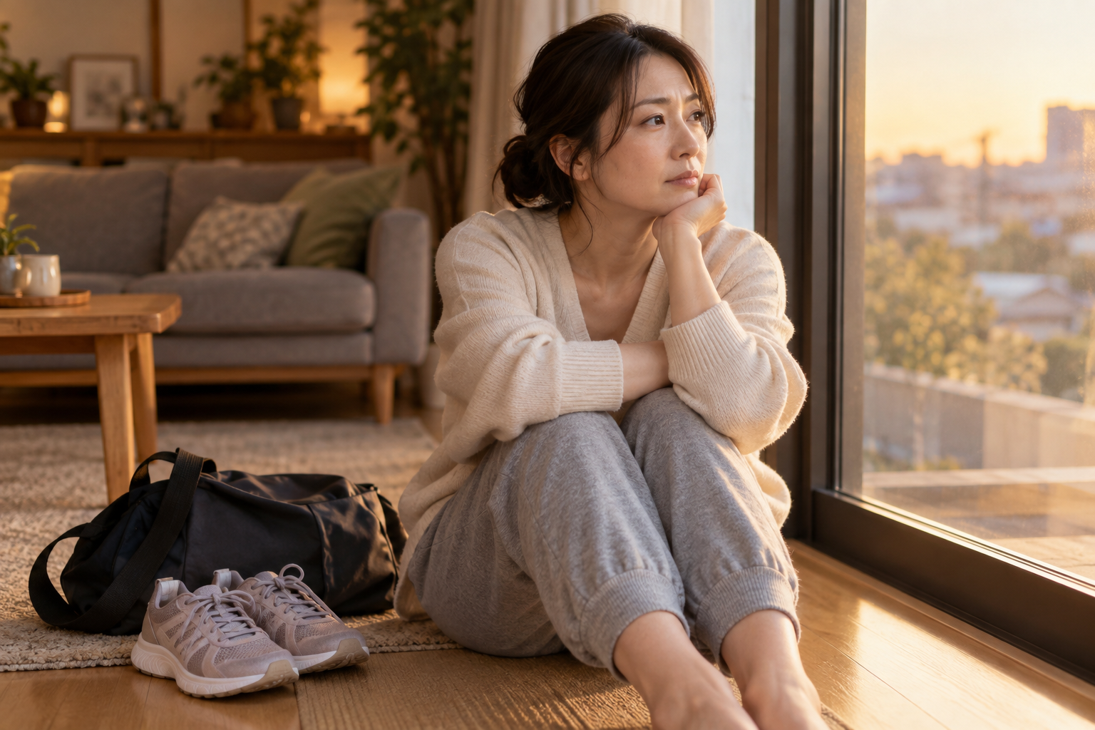 運動が苦手だった経験を振り返るように窓際で考え込む30代の女性