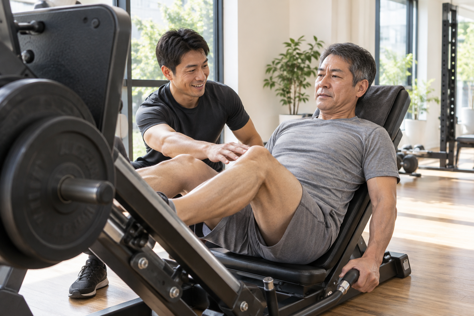 碧南のジムPisteでトレーナーと一緒にレッグプレスで太ももの筋肉を鍛える50代の男性
