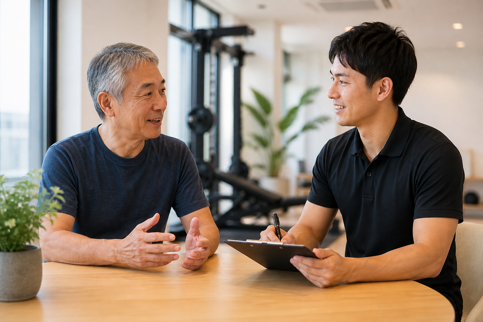 碧南のジムPisteの受付でこれまでの運動習慣をトレーナーに相談する60代男性