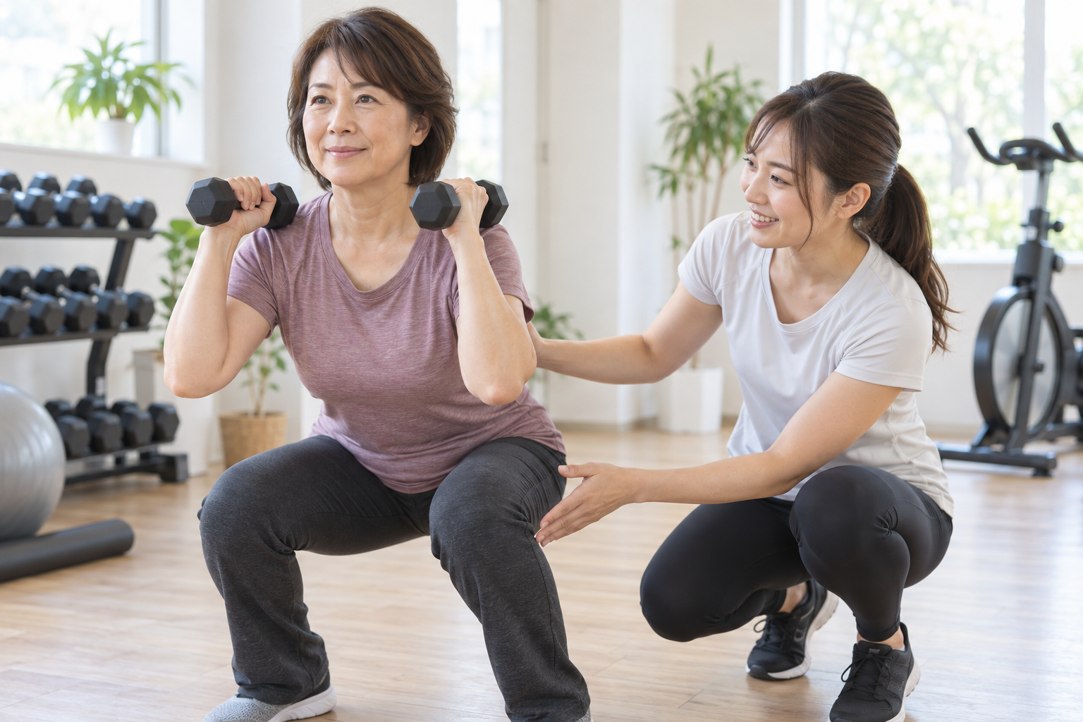 碧南市のジムPisteでトレーナーの指導のもと軽いダンベルでスクワットを行う50代の女性