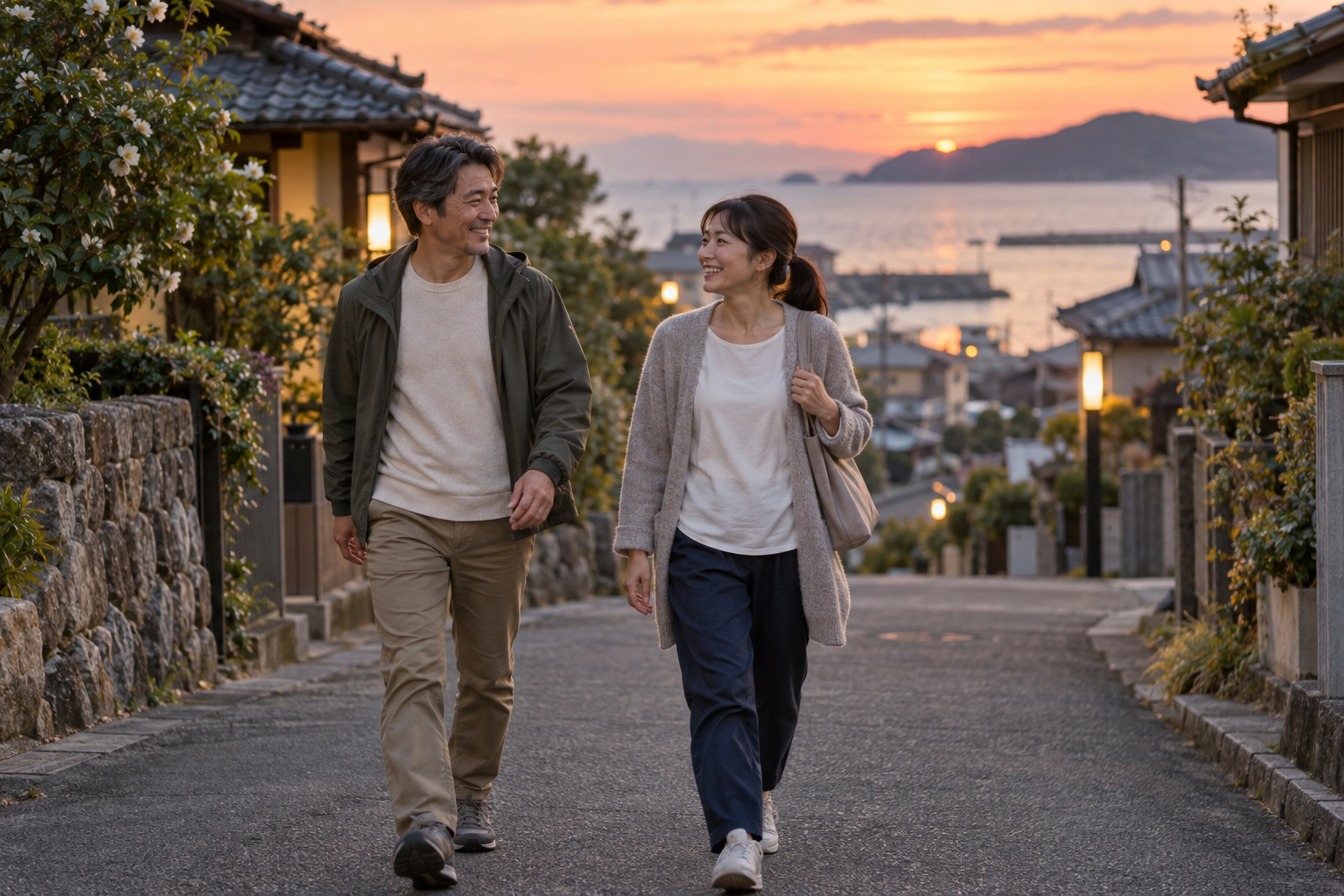 夕食後に碧南の住宅街を早歩きで散歩する40代の夫婦