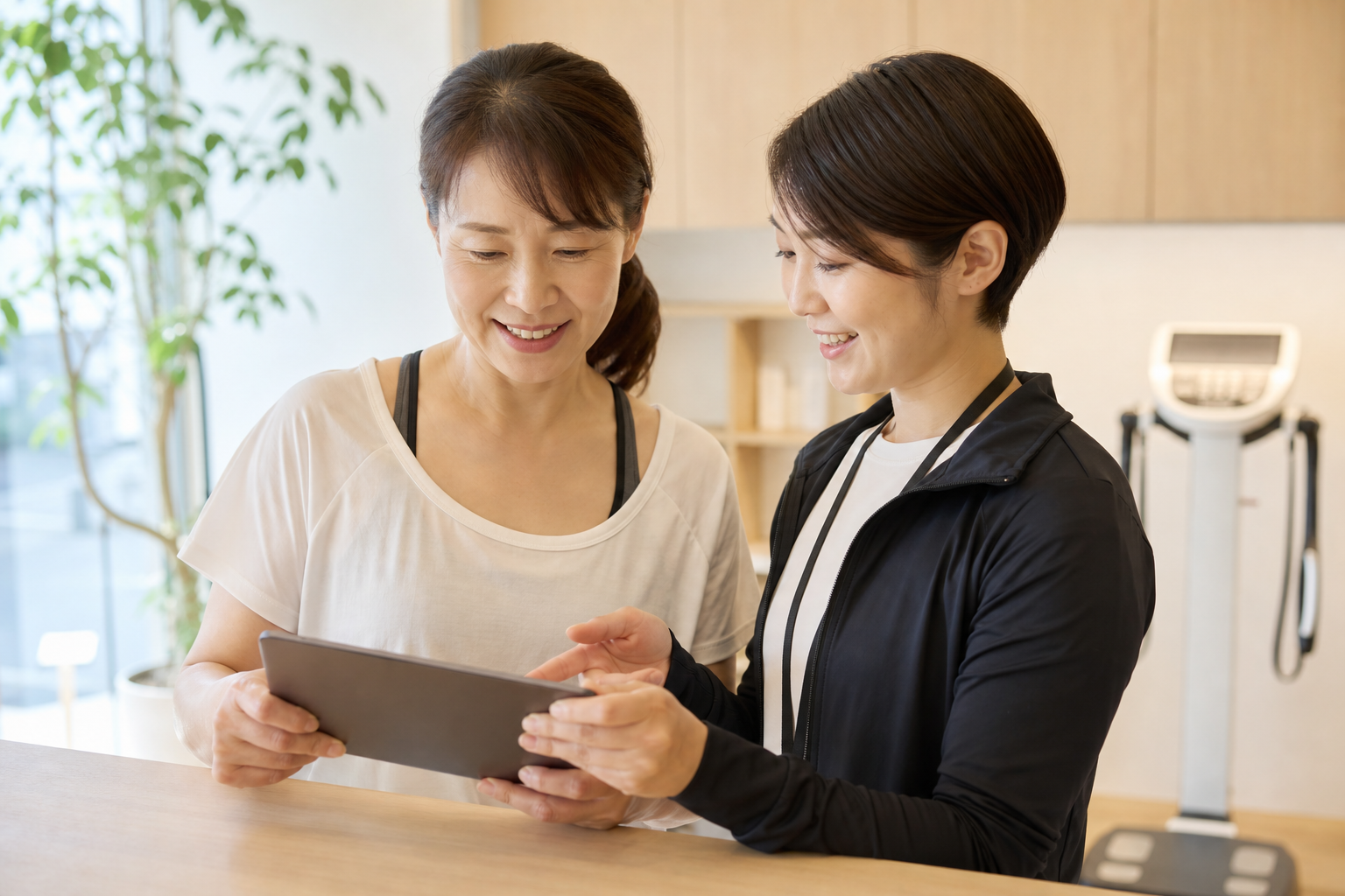碧南のパーソナルトレーニングPisteで体組成の記録を見ながら3か月の変化を確認する女性