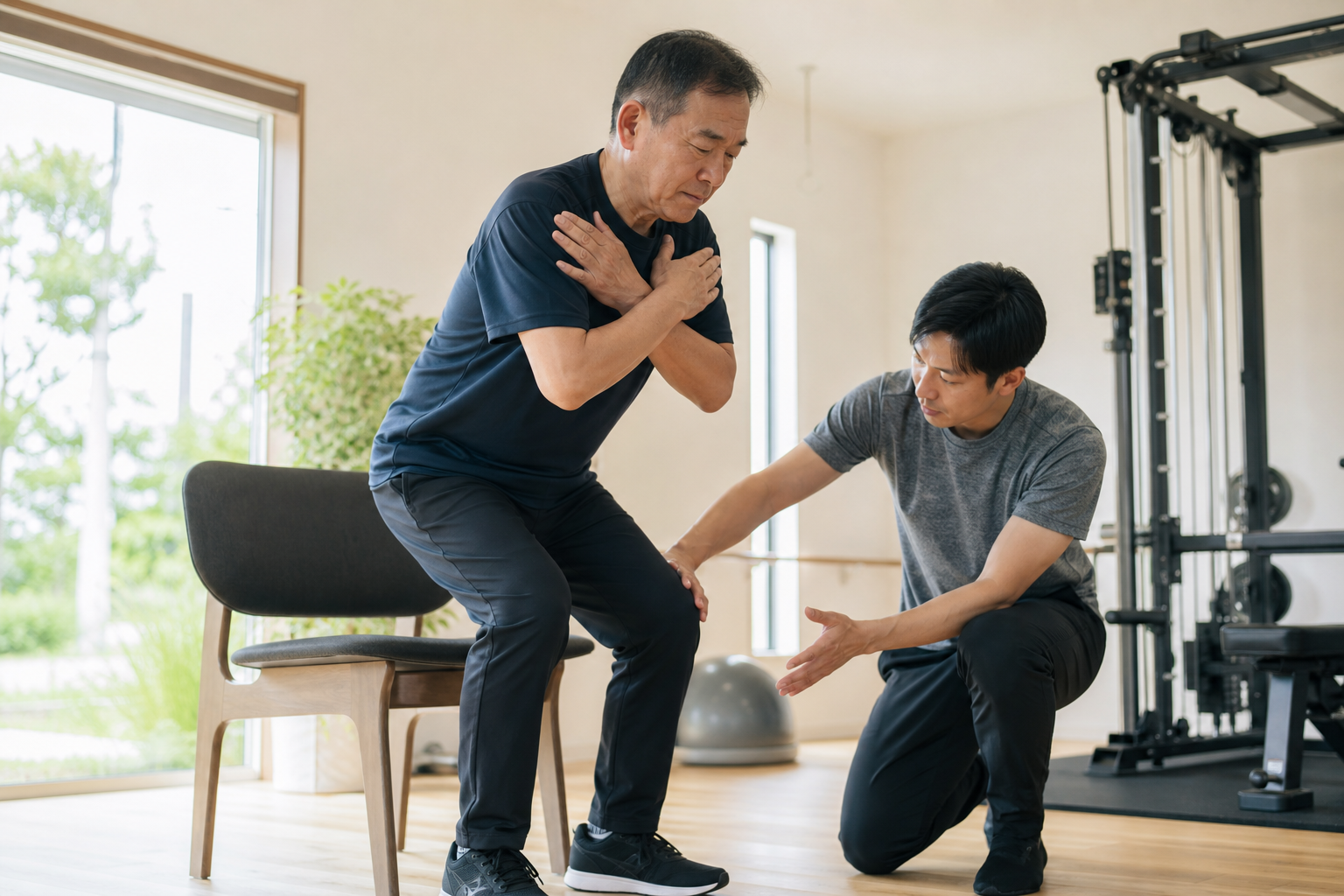 碧南のジムPisteで椅子からの立ち上がりテストを受ける60代男性