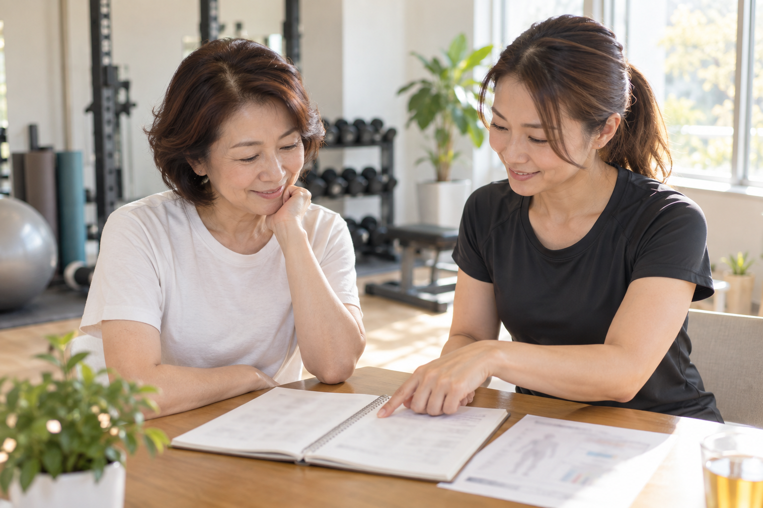 碧南のジムPisteで体組成の測定結果と記録ノートをトレーナーと見比べる50代の女性