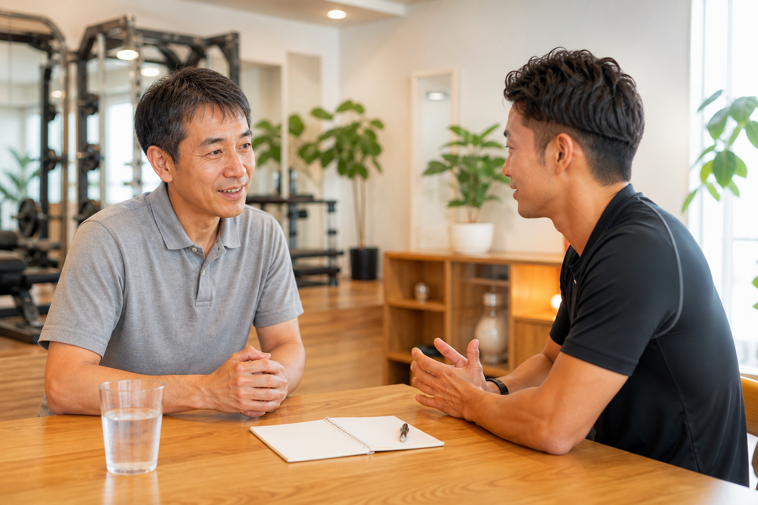 碧南のパーソナルトレーニングで自分に合う通い方をトレーナーと相談する50代男性