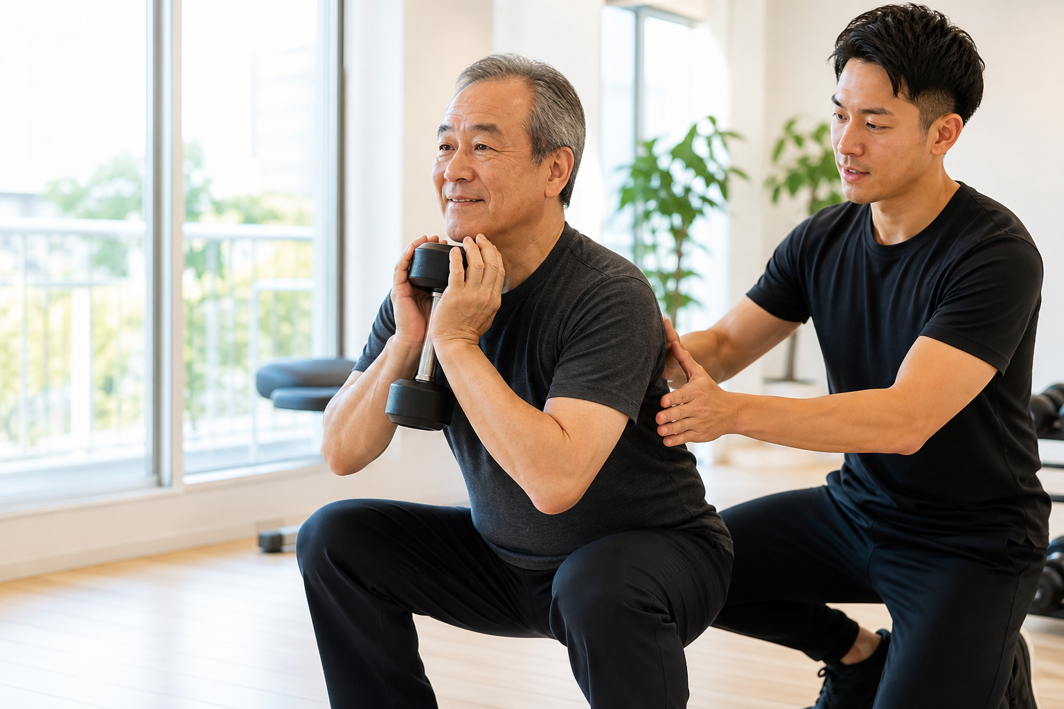 碧南のジムPisteでトレーナーの補助を受けながらダンベルを持って立ち上がる練習をする60代男性