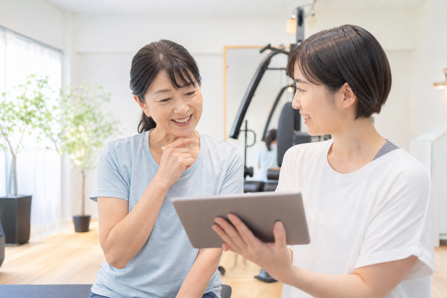 碧南市のジムPisteで4か月後の測定結果をトレーナーと確認して笑顔になる40代の女性看護師