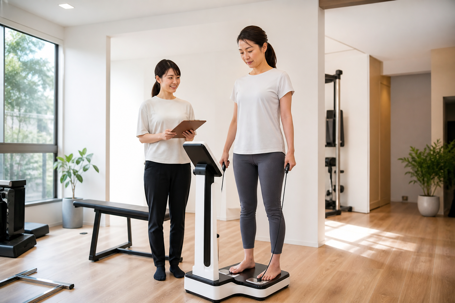碧南のパーソナルトレーニングPisteの初回カウンセリングで体組成を測定する様子