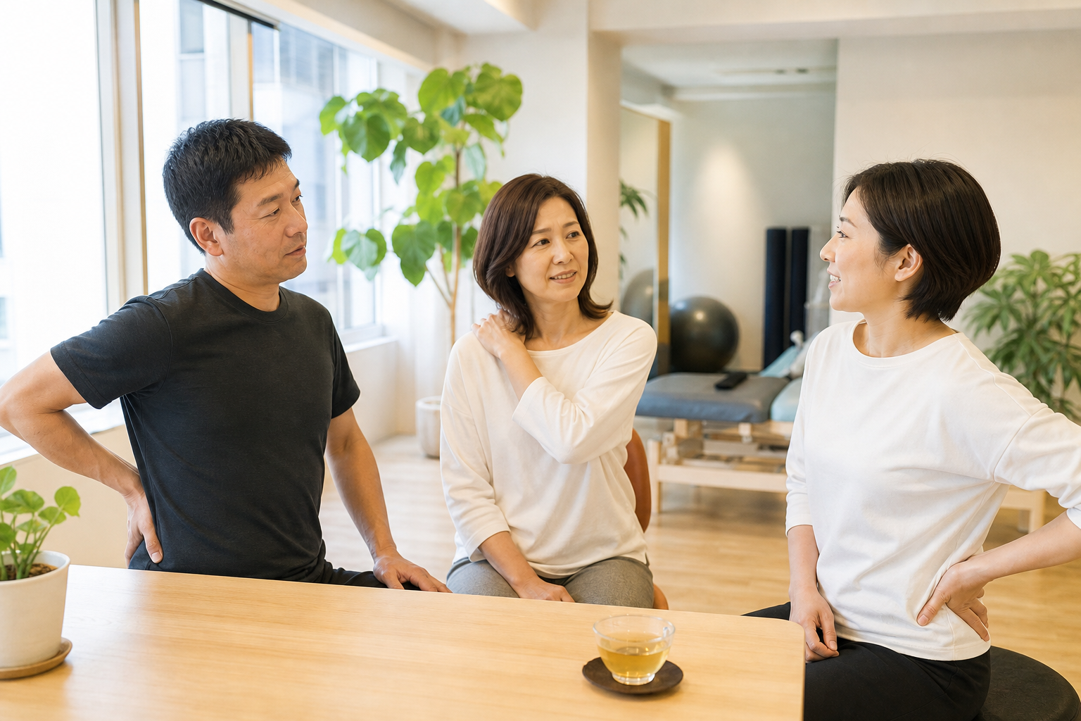 碧南 ストレッチ Pisteで肩こりと腰痛の原因が体の硬さにあると説明を受ける40代夫婦