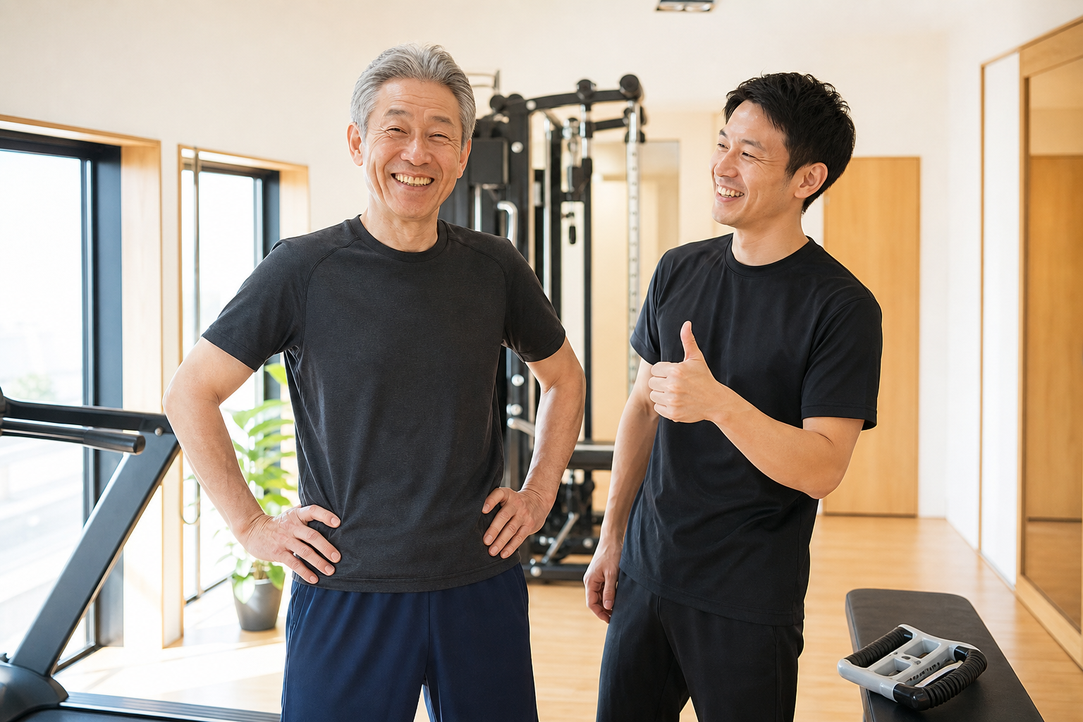 碧南のジムPisteで5か月後の測定結果をトレーナーと確認して笑顔になる60代男性