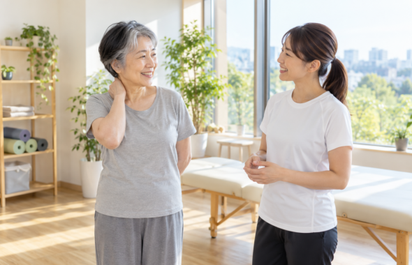 碧南のストレッチPisteでトレーナーと笑顔で話す60代の女性