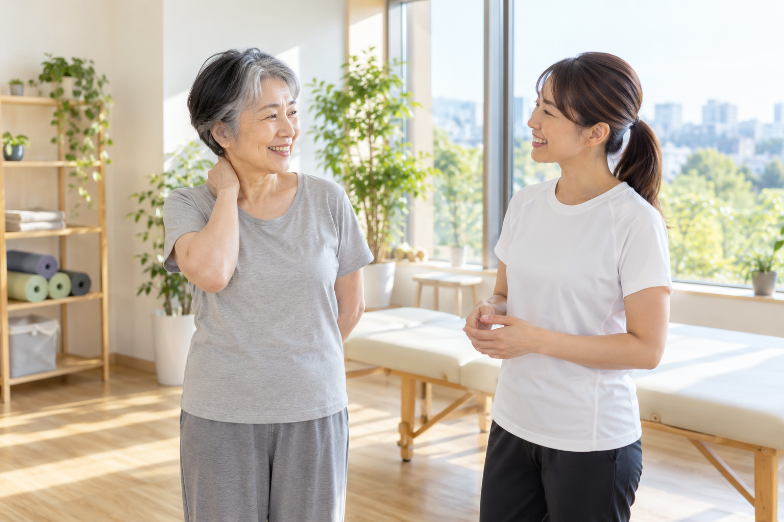 碧南のストレッチPisteでトレーナーと笑顔で話す60代の女性