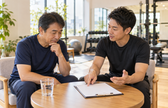 碧南のジムPisteで健康診断の結果を見ながらトレーナーと運動の進め方を相談する50代の男性