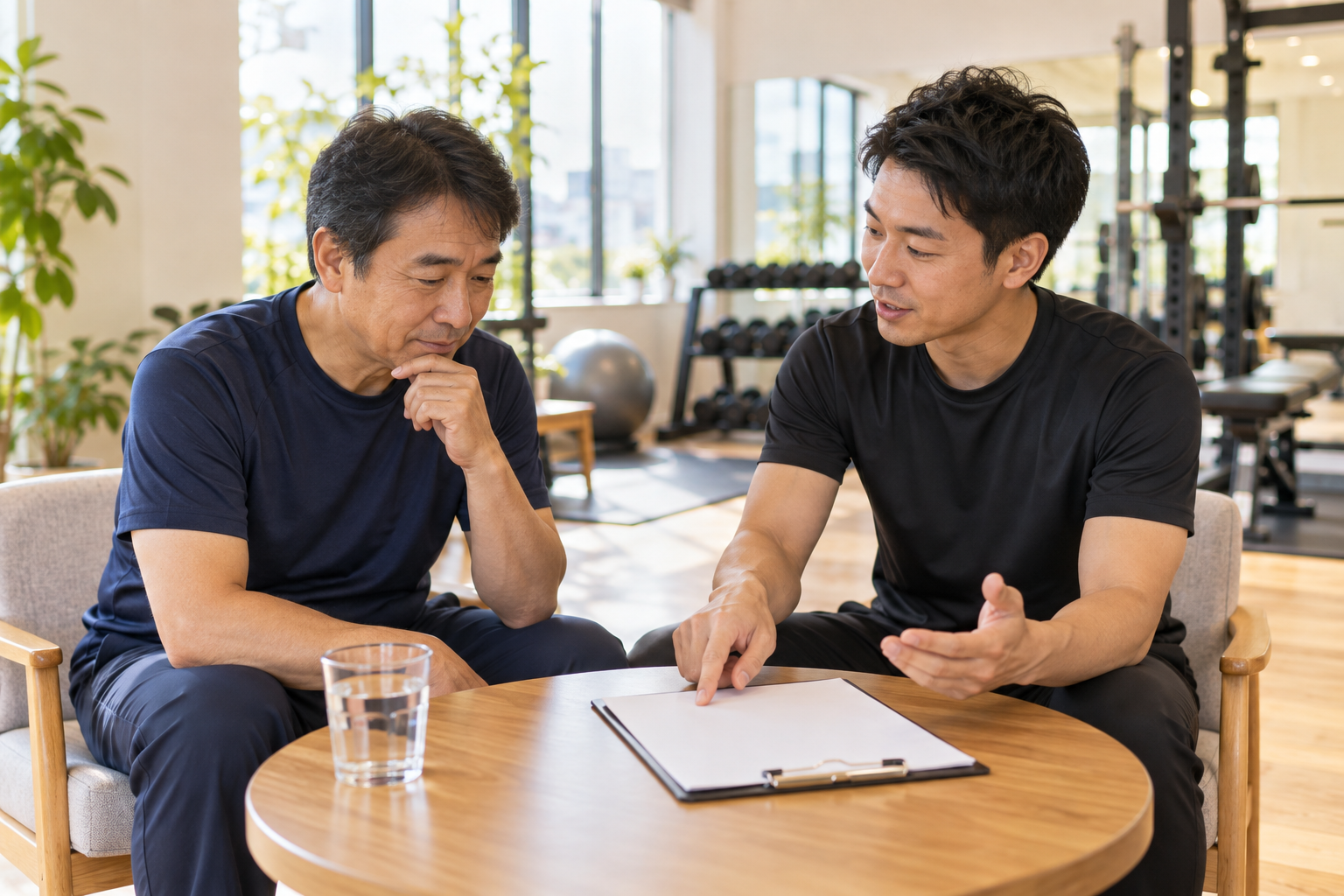 碧南のジムPisteで健康診断の結果を見ながらトレーナーと運動の進め方を相談する50代の男性
