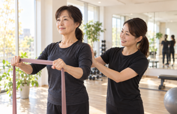 碧南のパーソナルジムPisteでトレーナーと姿勢を確認しながらトレーニングする50代の女性