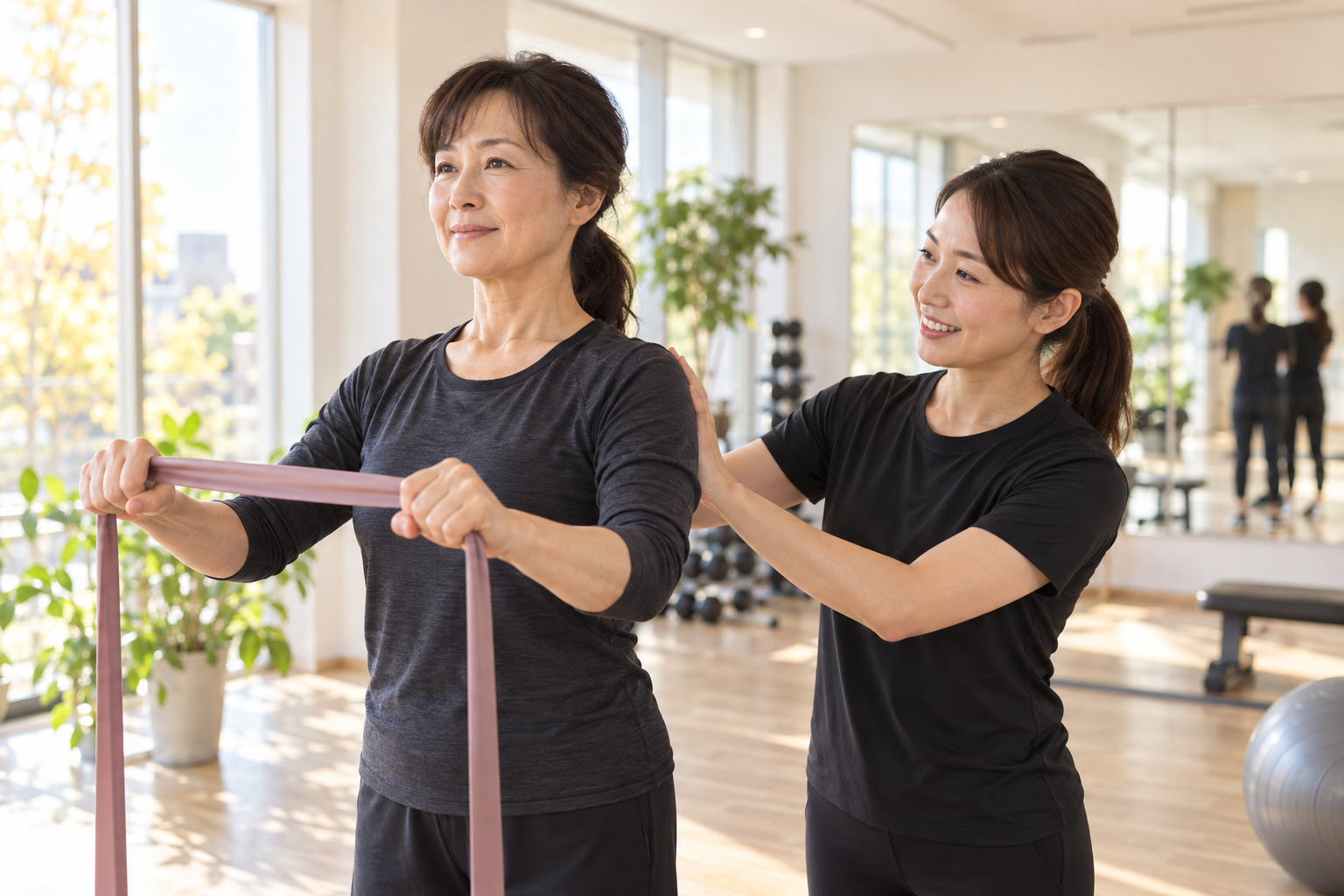 碧南のパーソナルジムPisteでトレーナーと姿勢を確認しながらトレーニングする50代の女性